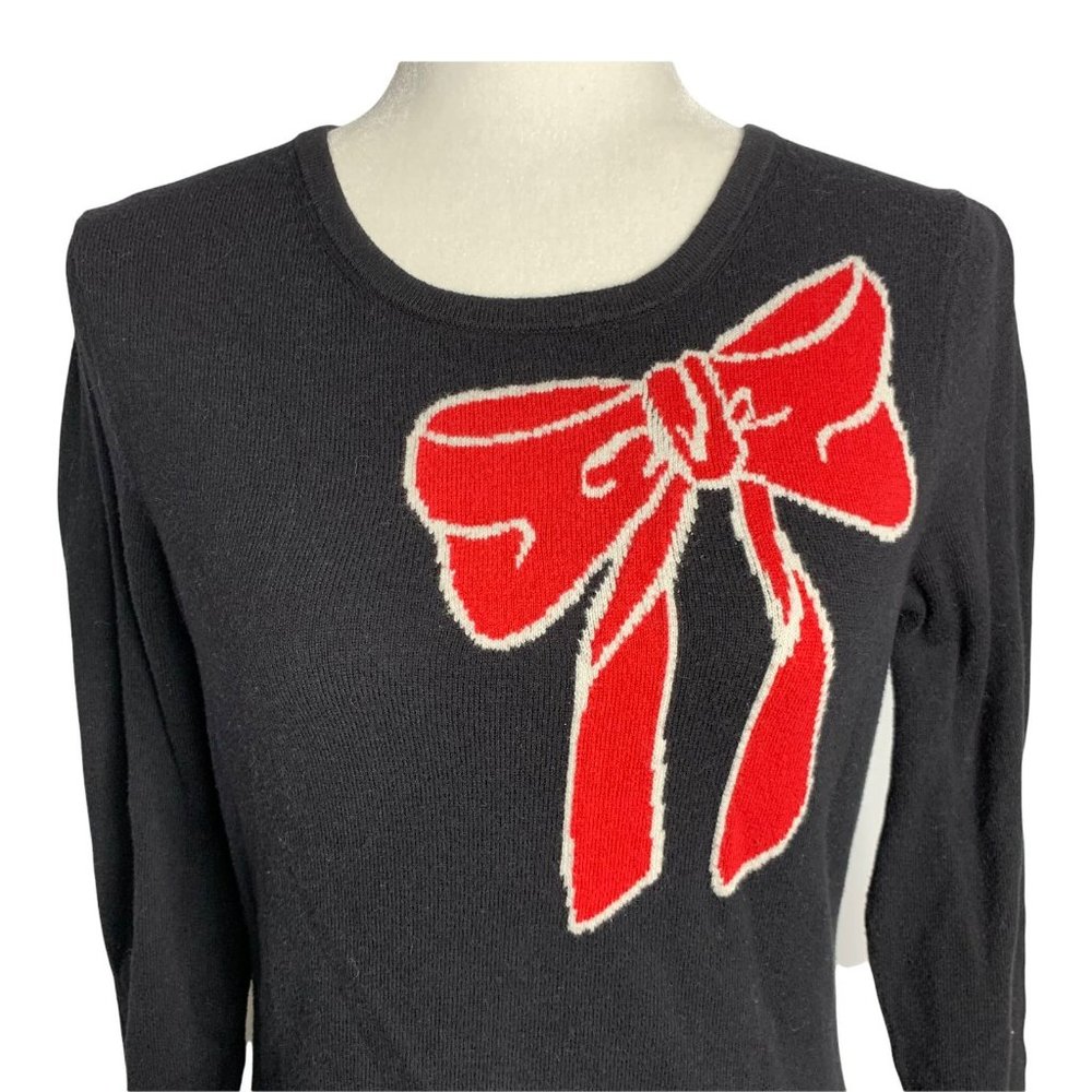 Tommy Hilfiger Knit Bow Sweater M Black Pullover Crewneck Stretch - Picture 2 of 6
